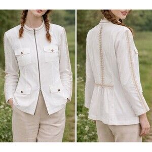 Chico's Zenergy 2 Women's Large Lace Trim Alabaster Full Zip Pockets Jacket NEW